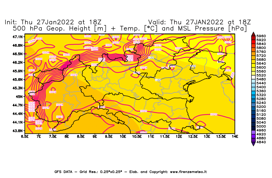 Mappa di analisi GFS - Geopotenziale [m] + Temp. [°C] a 500 hPa + Press. a livello del mare [hPa] in Nord-Italia
							del 27/01/2022 18 <!--googleoff: index-->UTC<!--googleon: index-->