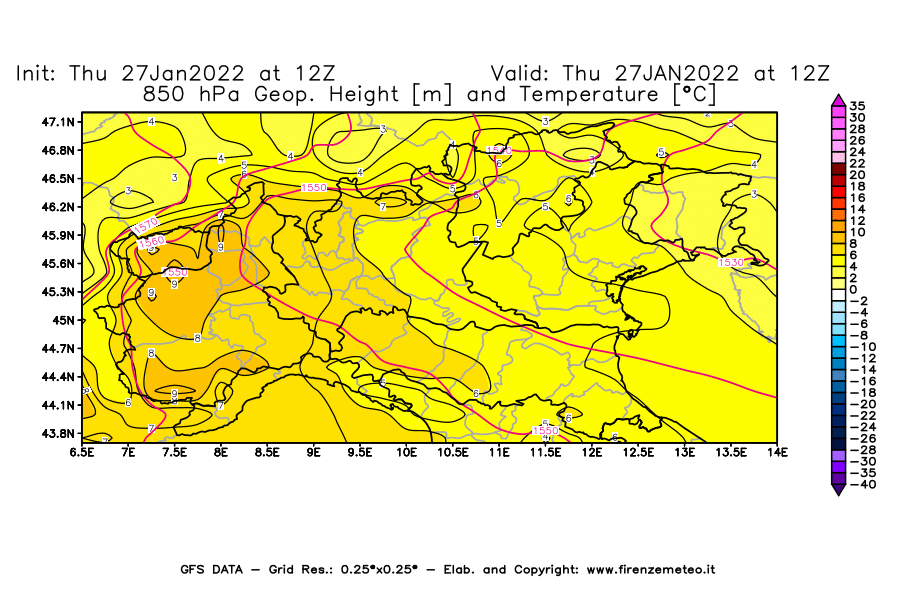 Mappa di analisi GFS - Geopotenziale [m] e Temperatura [°C] a 850 hPa in Nord-Italia
							del 27/01/2022 12 <!--googleoff: index-->UTC<!--googleon: index-->