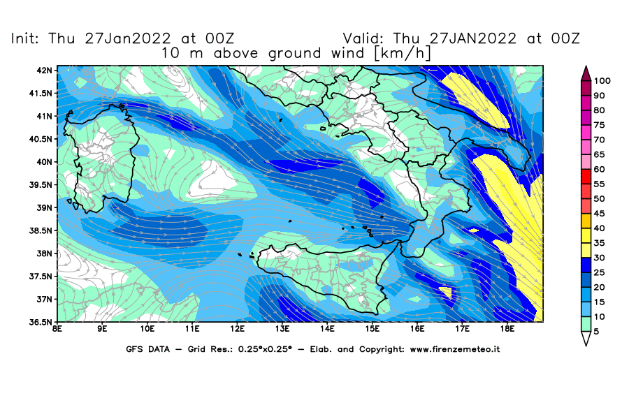 Mappa di analisi GFS - Velocità del vento a 10 metri dal suolo [km/h] in Sud-Italia
							del 27/01/2022 00 <!--googleoff: index-->UTC<!--googleon: index-->