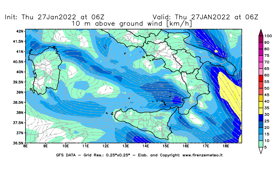 Mappa di analisi GFS - Velocità del vento a 10 metri dal suolo [km/h] in Sud-Italia
							del 27/01/2022 06 <!--googleoff: index-->UTC<!--googleon: index-->