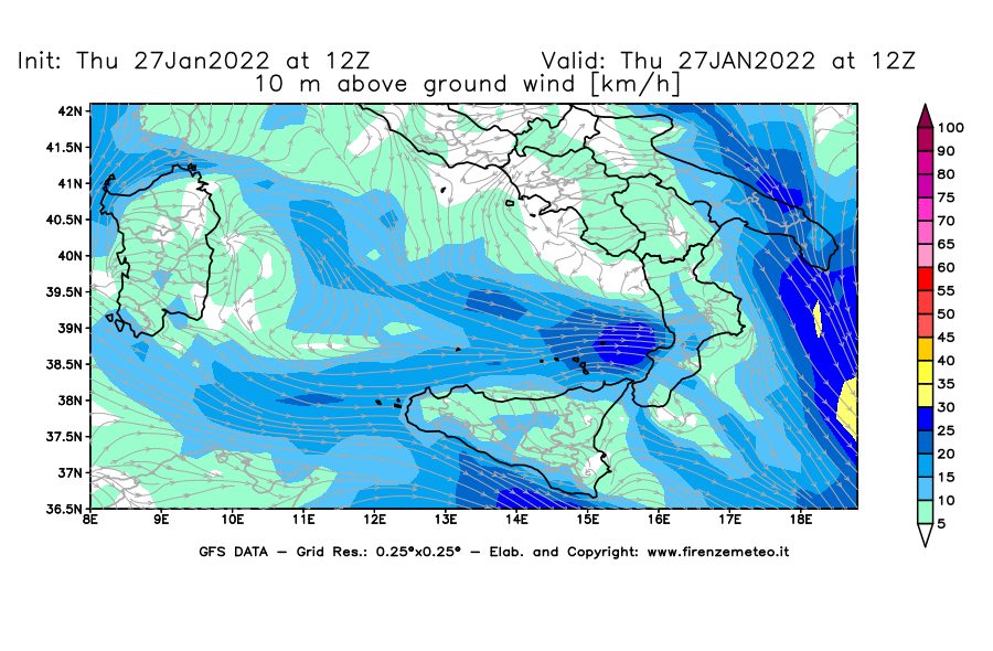 Mappa di analisi GFS - Velocità del vento a 10 metri dal suolo [km/h] in Sud-Italia
							del 27/01/2022 12 <!--googleoff: index-->UTC<!--googleon: index-->