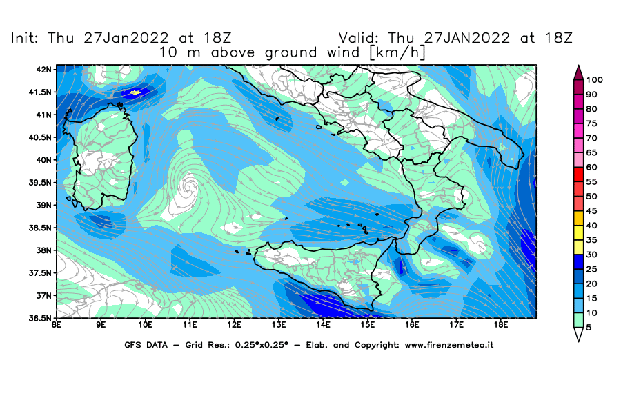 Mappa di analisi GFS - Velocità del vento a 10 metri dal suolo [km/h] in Sud-Italia
							del 27/01/2022 18 <!--googleoff: index-->UTC<!--googleon: index-->