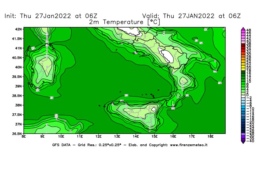 Mappa di analisi GFS - Temperatura a 2 metri dal suolo [°C] in Sud-Italia
							del 27/01/2022 06 <!--googleoff: index-->UTC<!--googleon: index-->