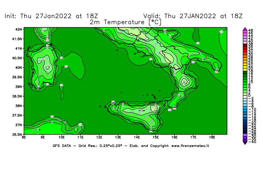 Mappa di analisi GFS - Temperatura a 2 metri dal suolo [°C] in Sud-Italia
							del 27/01/2022 18 <!--googleoff: index-->UTC<!--googleon: index-->
