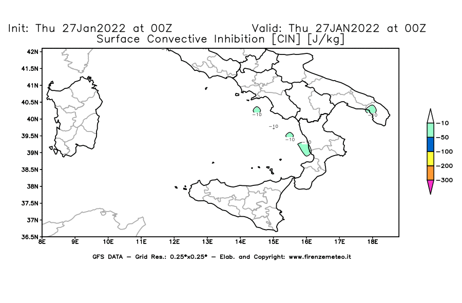 Mappa di analisi GFS - CIN [J/kg] in Sud-Italia
							del 27/01/2022 00 <!--googleoff: index-->UTC<!--googleon: index-->