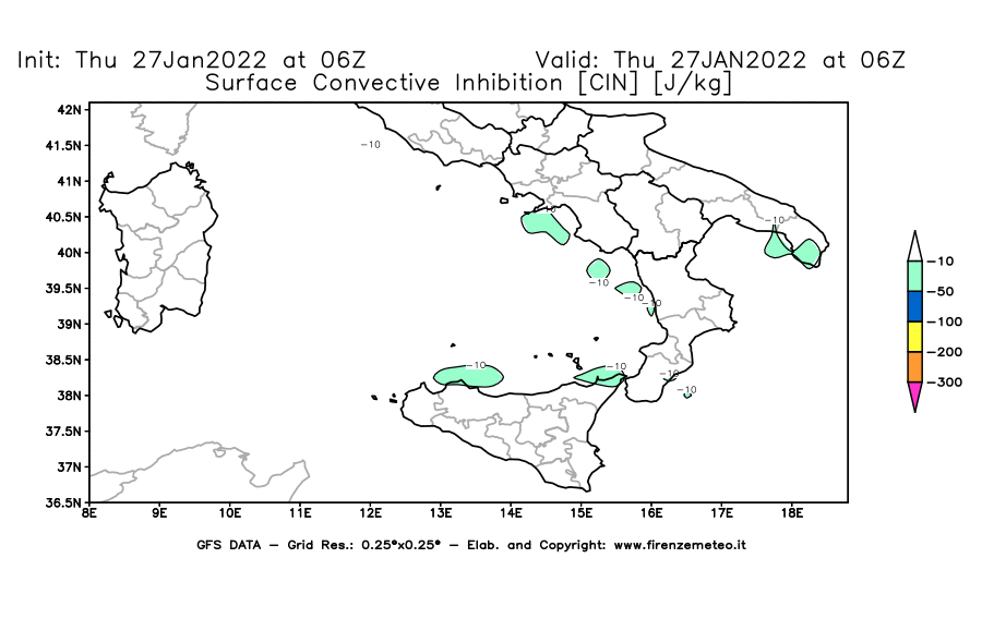 Mappa di analisi GFS - CIN [J/kg] in Sud-Italia
							del 27/01/2022 06 <!--googleoff: index-->UTC<!--googleon: index-->