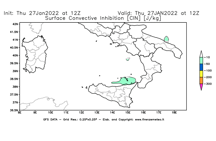 Mappa di analisi GFS - CIN [J/kg] in Sud-Italia
							del 27/01/2022 12 <!--googleoff: index-->UTC<!--googleon: index-->