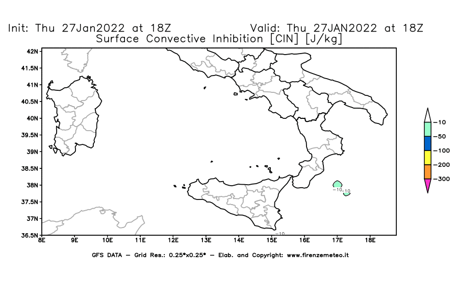 Mappa di analisi GFS - CIN [J/kg] in Sud-Italia
							del 27/01/2022 18 <!--googleoff: index-->UTC<!--googleon: index-->