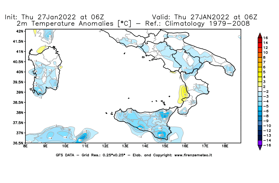 Mappa di analisi GFS - Anomalia Temperatura [°C] a 2 m in Sud-Italia
							del 27/01/2022 06 <!--googleoff: index-->UTC<!--googleon: index-->