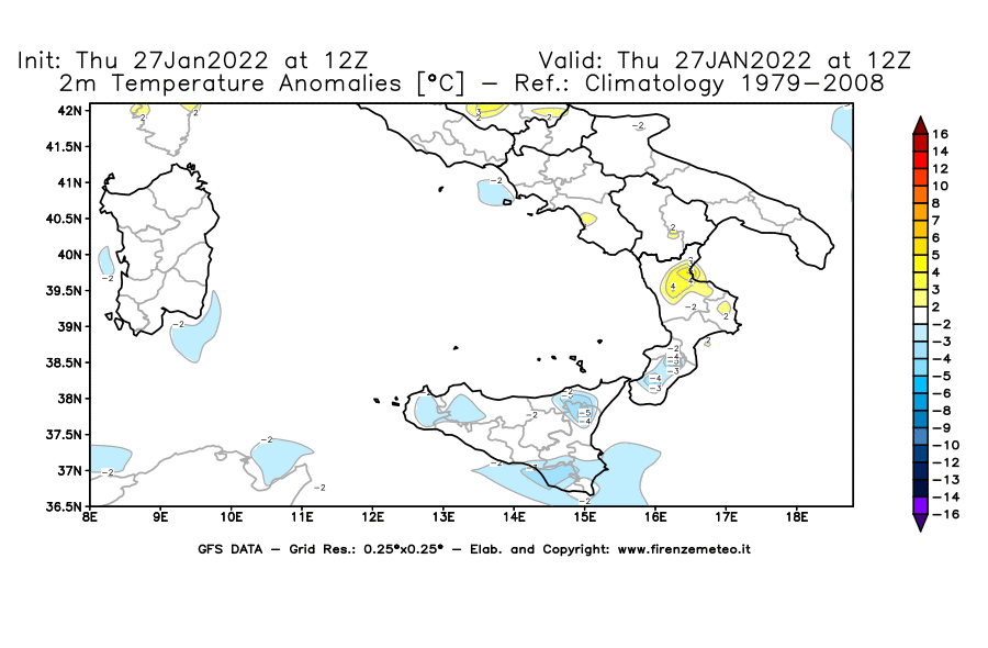 Mappa di analisi GFS - Anomalia Temperatura [°C] a 2 m in Sud-Italia
							del 27/01/2022 12 <!--googleoff: index-->UTC<!--googleon: index-->