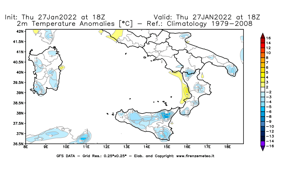 Mappa di analisi GFS - Anomalia Temperatura [°C] a 2 m in Sud-Italia
							del 27/01/2022 18 <!--googleoff: index-->UTC<!--googleon: index-->
