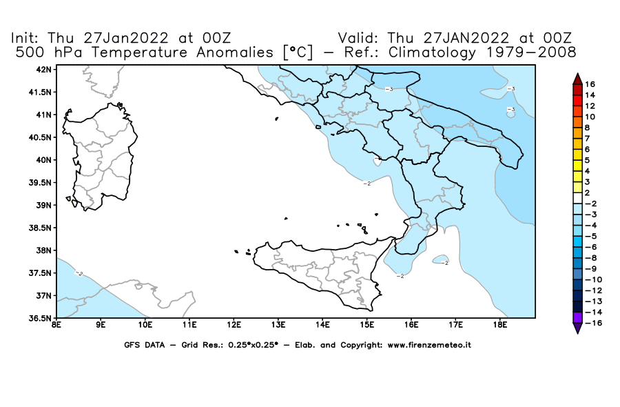 Mappa di analisi GFS - Anomalia Temperatura [°C] a 500 hPa in Sud-Italia
							del 27/01/2022 00 <!--googleoff: index-->UTC<!--googleon: index-->