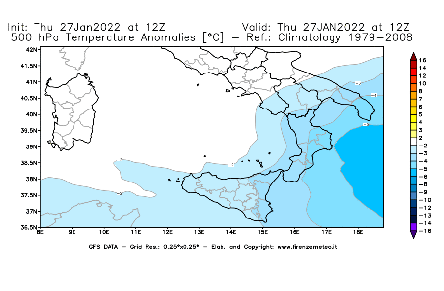Mappa di analisi GFS - Anomalia Temperatura [°C] a 500 hPa in Sud-Italia
							del 27/01/2022 12 <!--googleoff: index-->UTC<!--googleon: index-->