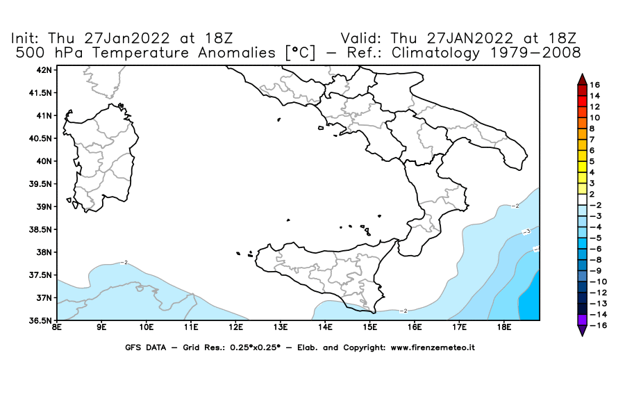 Mappa di analisi GFS - Anomalia Temperatura [°C] a 500 hPa in Sud-Italia
							del 27/01/2022 18 <!--googleoff: index-->UTC<!--googleon: index-->