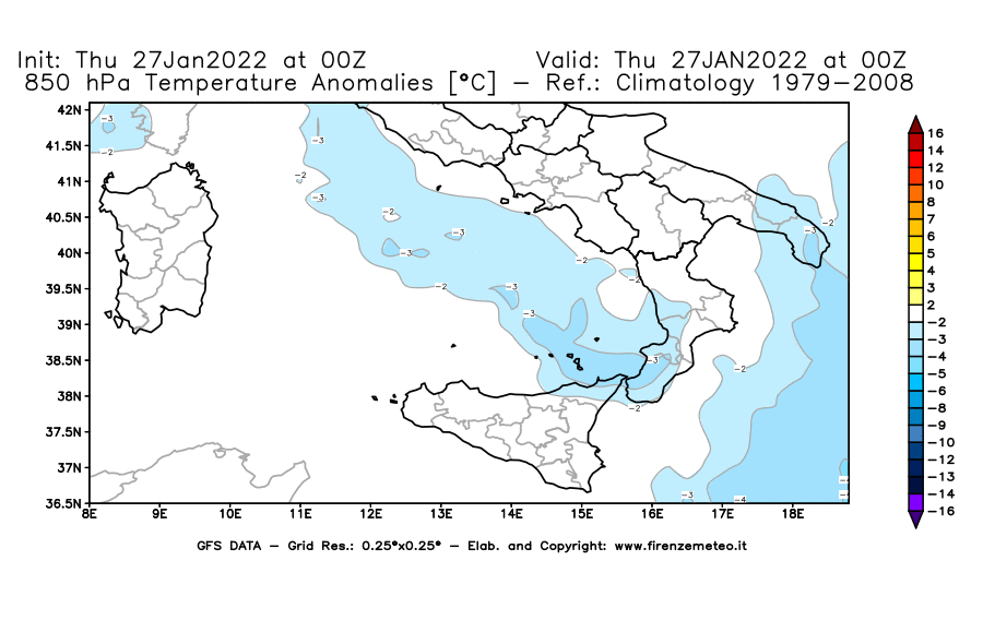 Mappa di analisi GFS - Anomalia Temperatura [°C] a 850 hPa in Sud-Italia
							del 27/01/2022 00 <!--googleoff: index-->UTC<!--googleon: index-->