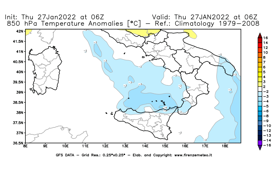 Mappa di analisi GFS - Anomalia Temperatura [°C] a 850 hPa in Sud-Italia
							del 27/01/2022 06 <!--googleoff: index-->UTC<!--googleon: index-->