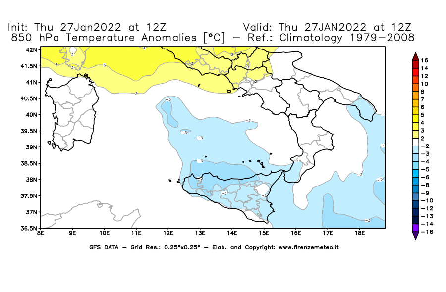 Mappa di analisi GFS - Anomalia Temperatura [°C] a 850 hPa in Sud-Italia
							del 27/01/2022 12 <!--googleoff: index-->UTC<!--googleon: index-->