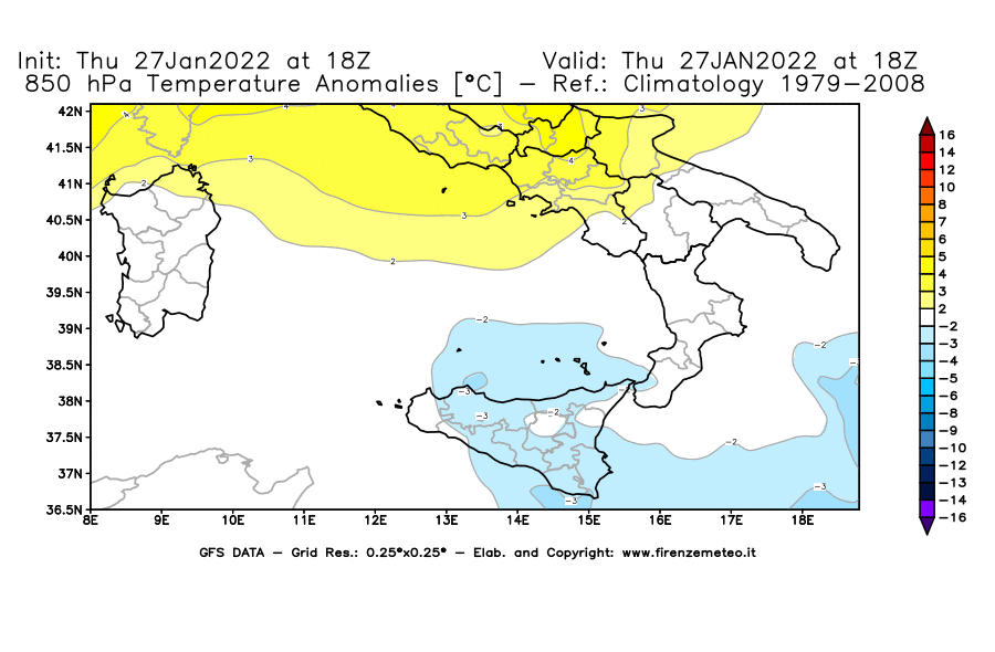 Mappa di analisi GFS - Anomalia Temperatura [°C] a 850 hPa in Sud-Italia
							del 27/01/2022 18 <!--googleoff: index-->UTC<!--googleon: index-->