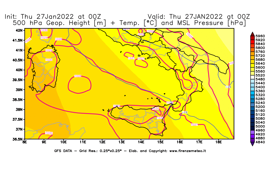Mappa di analisi GFS - Geopotenziale [m] + Temp. [°C] a 500 hPa + Press. a livello del mare [hPa] in Sud-Italia
							del 27/01/2022 00 <!--googleoff: index-->UTC<!--googleon: index-->