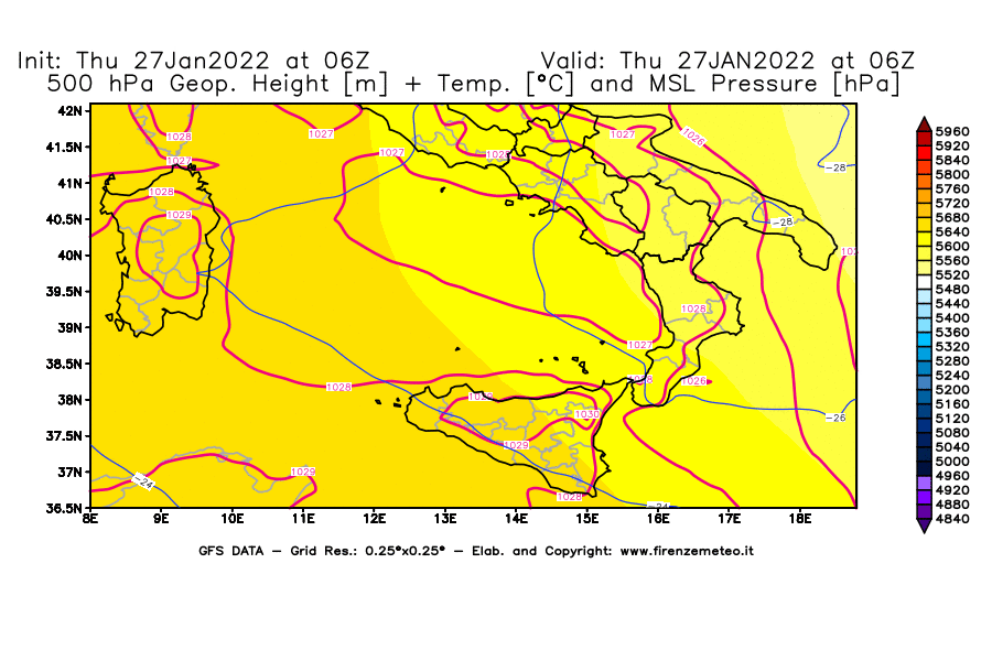 Mappa di analisi GFS - Geopotenziale [m] + Temp. [°C] a 500 hPa + Press. a livello del mare [hPa] in Sud-Italia
							del 27/01/2022 06 <!--googleoff: index-->UTC<!--googleon: index-->