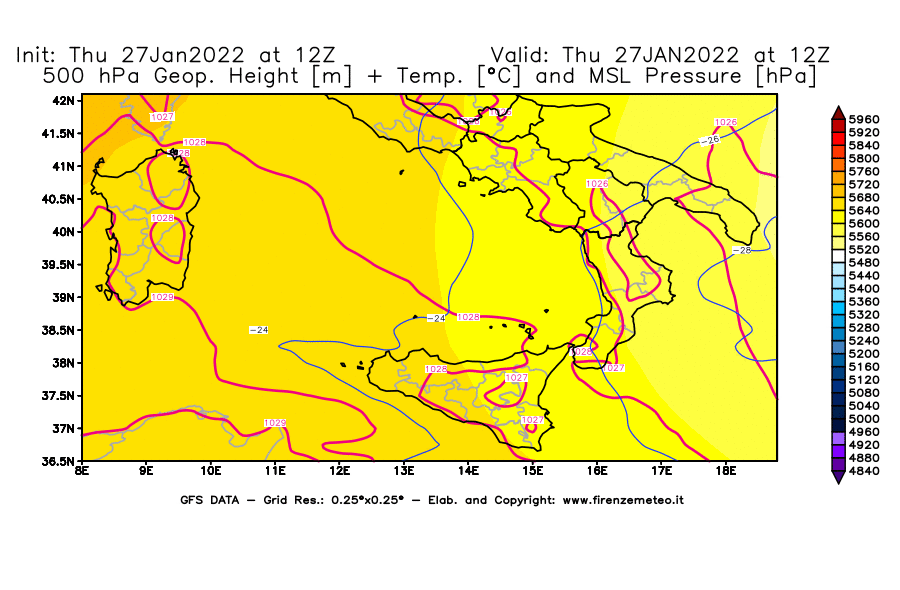 Mappa di analisi GFS - Geopotenziale [m] + Temp. [°C] a 500 hPa + Press. a livello del mare [hPa] in Sud-Italia
							del 27/01/2022 12 <!--googleoff: index-->UTC<!--googleon: index-->