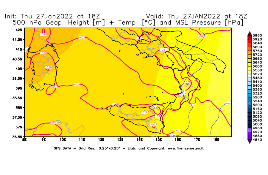 Mappa di analisi GFS - Geopotenziale [m] + Temp. [°C] a 500 hPa + Press. a livello del mare [hPa] in Sud-Italia
							del 27/01/2022 18 <!--googleoff: index-->UTC<!--googleon: index-->