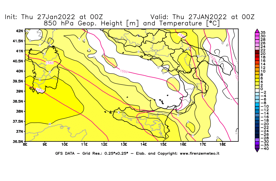 Mappa di analisi GFS - Geopotenziale [m] e Temperatura [°C] a 850 hPa in Sud-Italia
							del 27/01/2022 00 <!--googleoff: index-->UTC<!--googleon: index-->