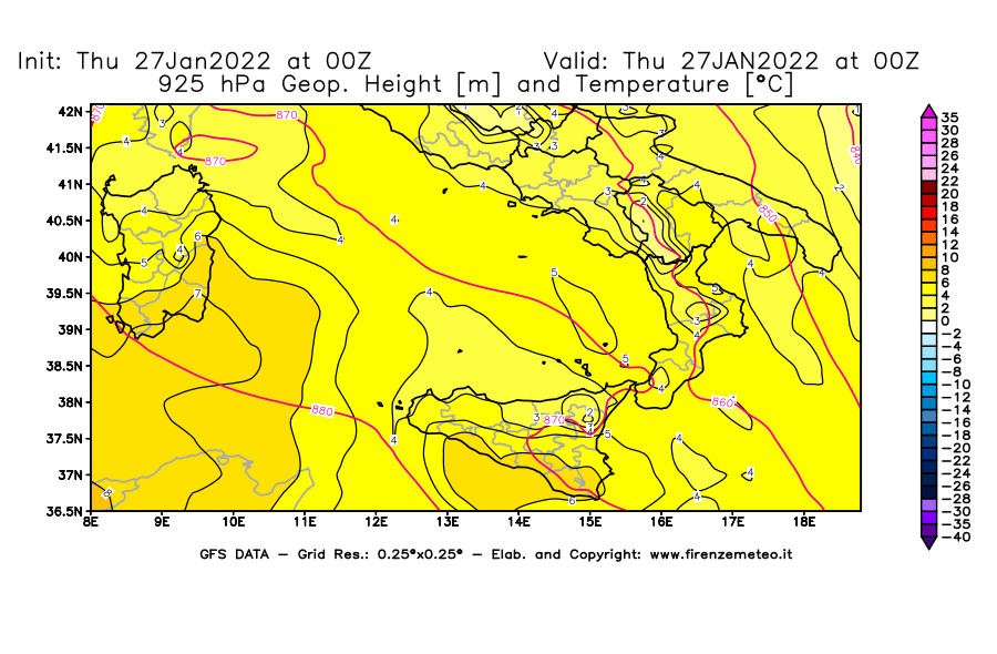 Mappa di analisi GFS - Geopotenziale [m] e Temperatura [°C] a 925 hPa in Sud-Italia
							del 27/01/2022 00 <!--googleoff: index-->UTC<!--googleon: index-->