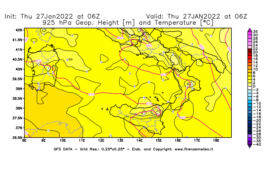 Mappa di analisi GFS - Geopotenziale [m] e Temperatura [°C] a 925 hPa in Sud-Italia
							del 27/01/2022 06 <!--googleoff: index-->UTC<!--googleon: index-->