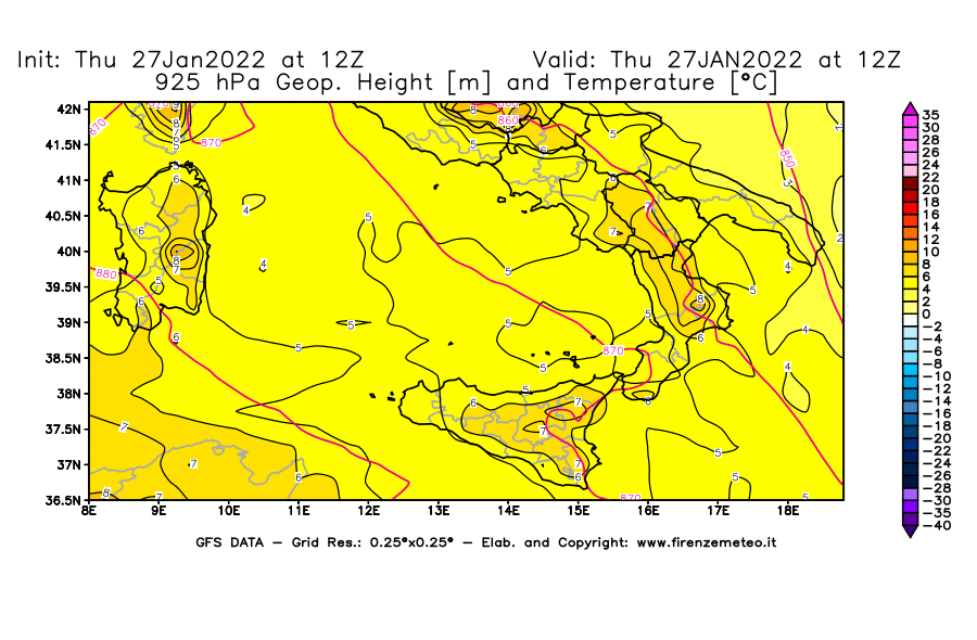 Mappa di analisi GFS - Geopotenziale [m] e Temperatura [°C] a 925 hPa in Sud-Italia
							del 27/01/2022 12 <!--googleoff: index-->UTC<!--googleon: index-->