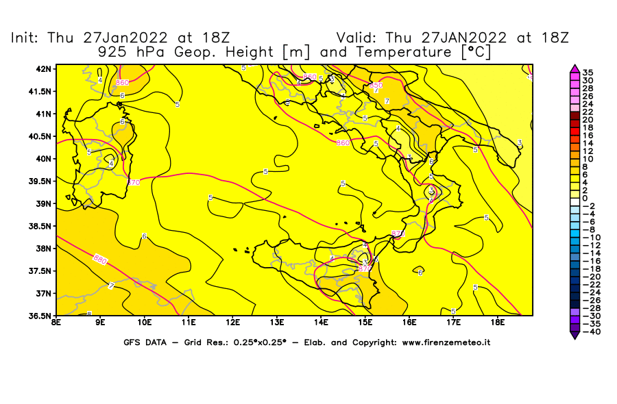 Mappa di analisi GFS - Geopotenziale [m] e Temperatura [°C] a 925 hPa in Sud-Italia
							del 27/01/2022 18 <!--googleoff: index-->UTC<!--googleon: index-->