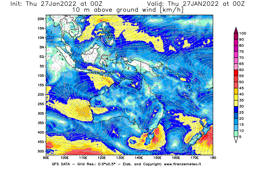 Mappa di analisi GFS - Velocità del vento a 10 metri dal suolo [km/h] in Oceania
							del 27/01/2022 00 <!--googleoff: index-->UTC<!--googleon: index-->