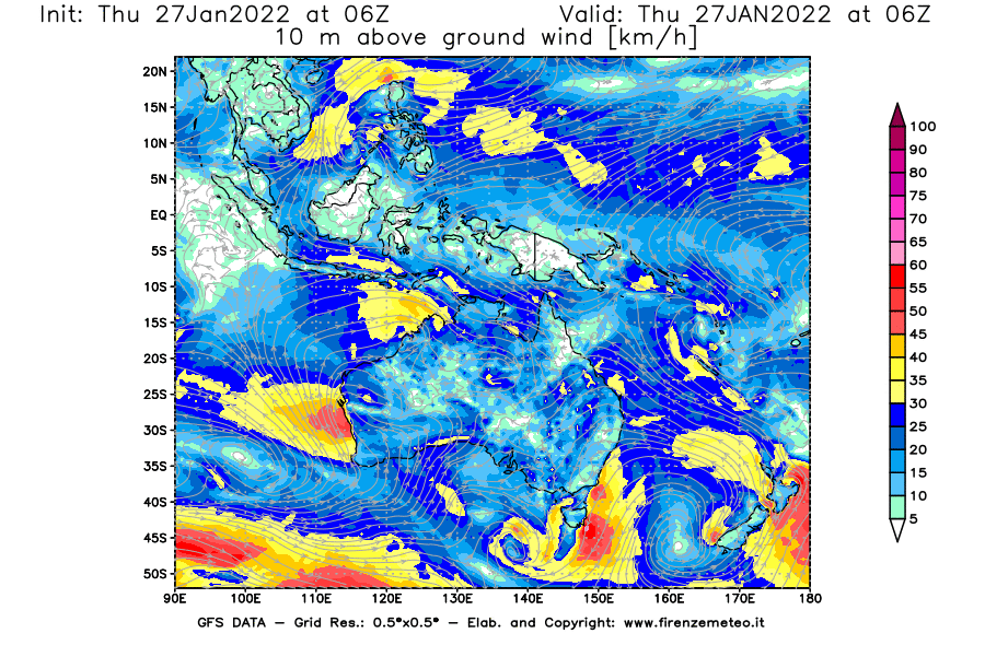 Mappa di analisi GFS - Velocità del vento a 10 metri dal suolo [km/h] in Oceania
							del 27/01/2022 06 <!--googleoff: index-->UTC<!--googleon: index-->