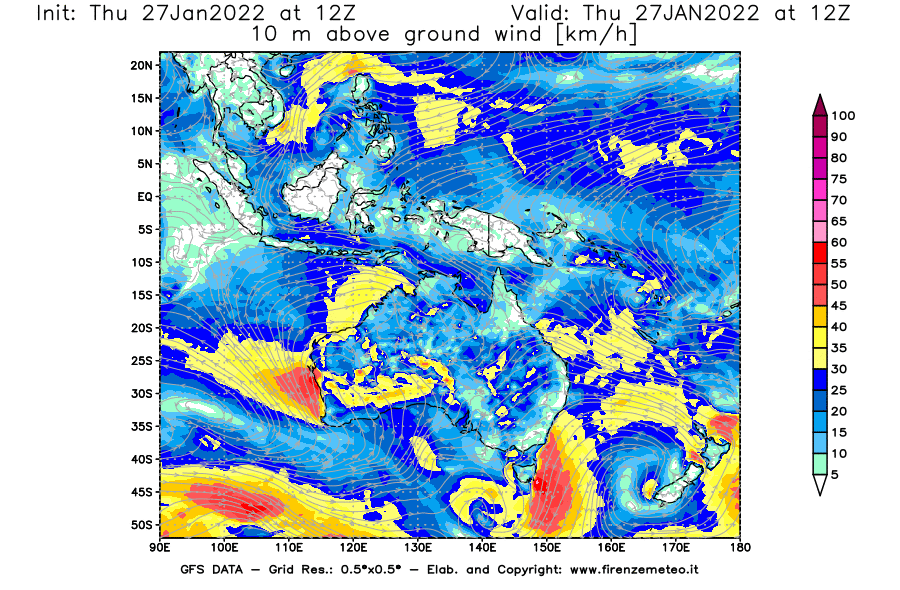Mappa di analisi GFS - Velocità del vento a 10 metri dal suolo [km/h] in Oceania
							del 27/01/2022 12 <!--googleoff: index-->UTC<!--googleon: index-->