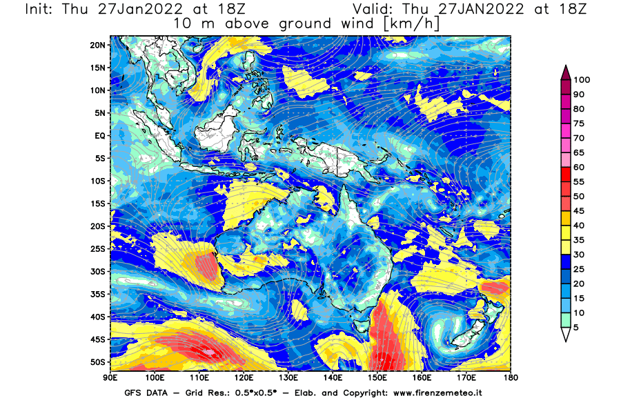 Mappa di analisi GFS - Velocità del vento a 10 metri dal suolo [km/h] in Oceania
							del 27/01/2022 18 <!--googleoff: index-->UTC<!--googleon: index-->