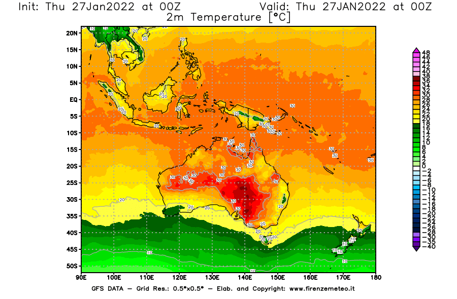 Mappa di analisi GFS - Temperatura a 2 metri dal suolo [°C] in Oceania
							del 27/01/2022 00 <!--googleoff: index-->UTC<!--googleon: index-->