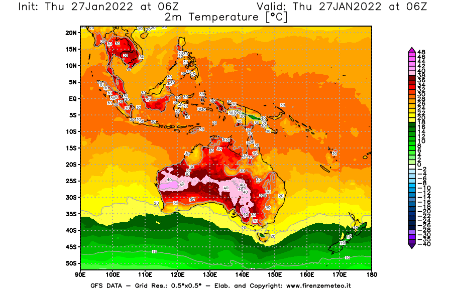 Mappa di analisi GFS - Temperatura a 2 metri dal suolo [°C] in Oceania
							del 27/01/2022 06 <!--googleoff: index-->UTC<!--googleon: index-->