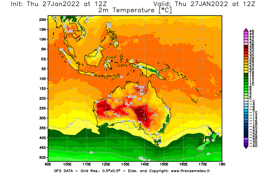 Mappa di analisi GFS - Temperatura a 2 metri dal suolo [°C] in Oceania
							del 27/01/2022 12 <!--googleoff: index-->UTC<!--googleon: index-->