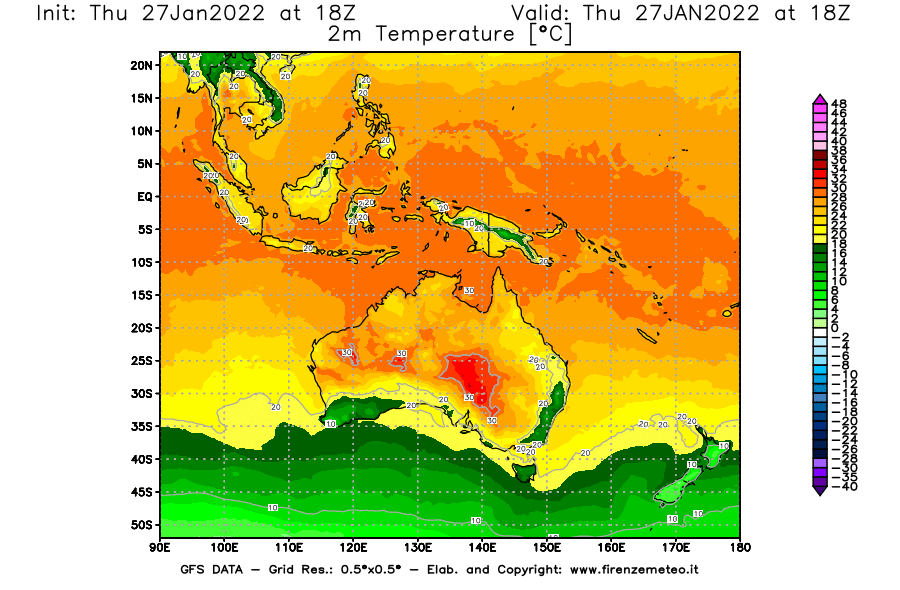 Mappa di analisi GFS - Temperatura a 2 metri dal suolo [°C] in Oceania
							del 27/01/2022 18 <!--googleoff: index-->UTC<!--googleon: index-->