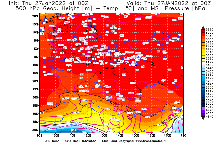 Mappa di analisi GFS - Geopotenziale [m] + Temp. [°C] a 500 hPa + Press. a livello del mare [hPa] in Oceania
							del 27/01/2022 00 <!--googleoff: index-->UTC<!--googleon: index-->