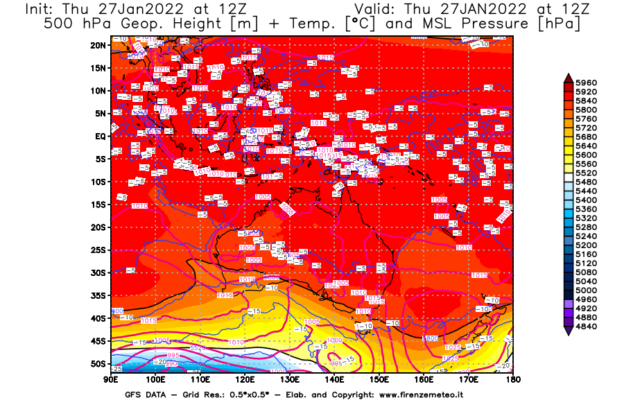 Mappa di analisi GFS - Geopotenziale [m] + Temp. [°C] a 500 hPa + Press. a livello del mare [hPa] in Oceania
							del 27/01/2022 12 <!--googleoff: index-->UTC<!--googleon: index-->
