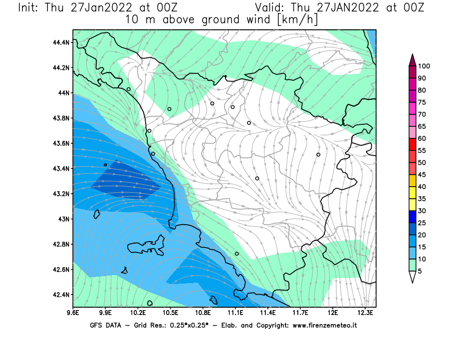 Mappa di analisi GFS - Velocità del vento a 10 metri dal suolo [km/h] in Toscana
							del 27/01/2022 00 <!--googleoff: index-->UTC<!--googleon: index-->