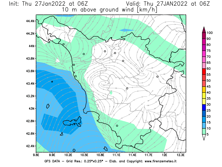 Mappa di analisi GFS - Velocità del vento a 10 metri dal suolo [km/h] in Toscana
							del 27/01/2022 06 <!--googleoff: index-->UTC<!--googleon: index-->