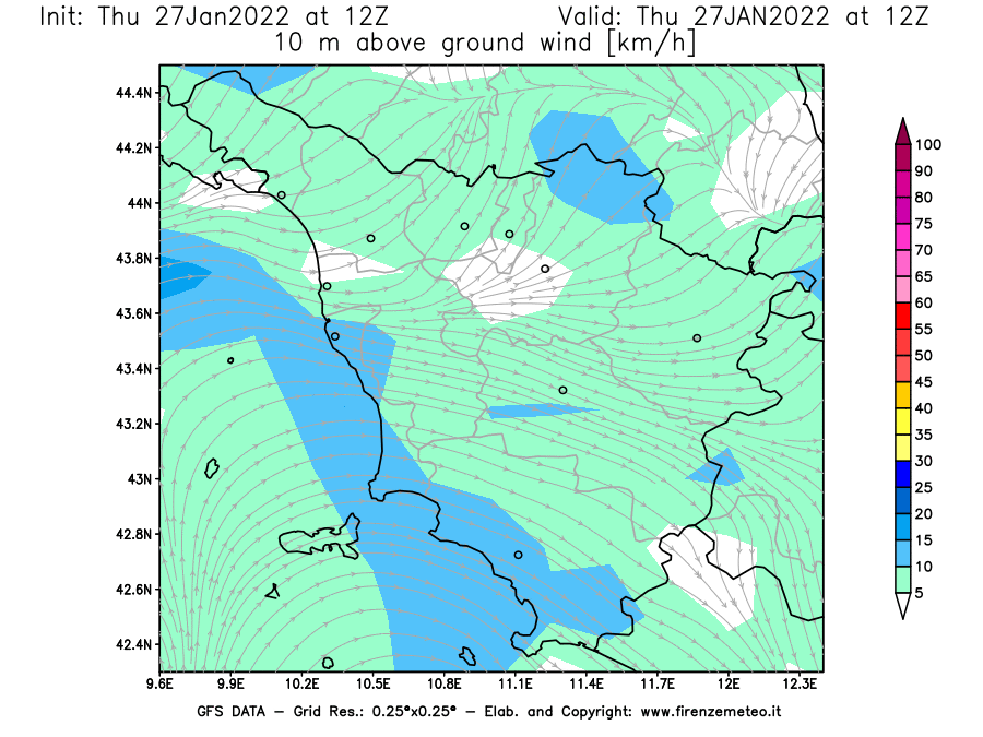 Mappa di analisi GFS - Velocità del vento a 10 metri dal suolo [km/h] in Toscana
							del 27/01/2022 12 <!--googleoff: index-->UTC<!--googleon: index-->