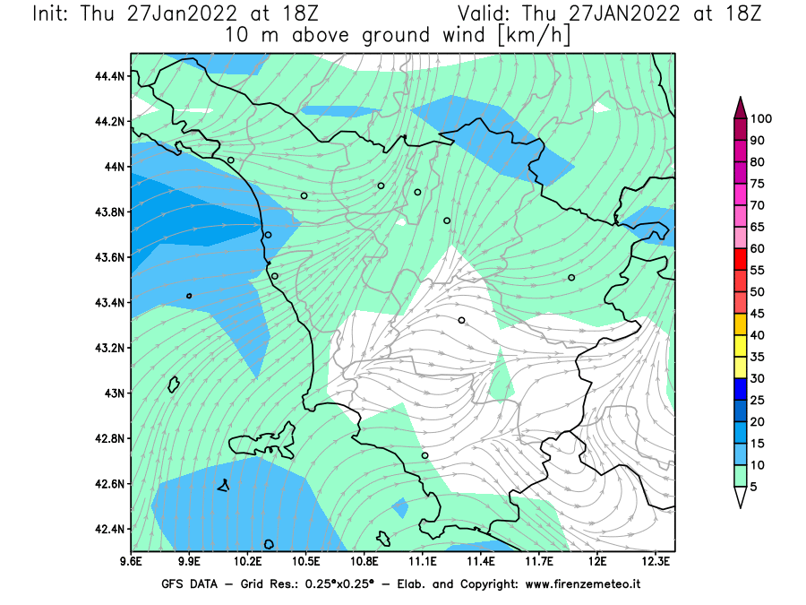Mappa di analisi GFS - Velocità del vento a 10 metri dal suolo [km/h] in Toscana
							del 27/01/2022 18 <!--googleoff: index-->UTC<!--googleon: index-->