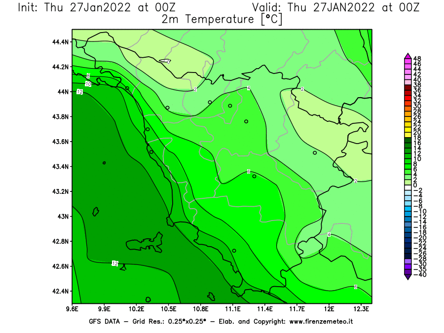 Mappa di analisi GFS - Temperatura a 2 metri dal suolo [°C] in Toscana
							del 27/01/2022 00 <!--googleoff: index-->UTC<!--googleon: index-->