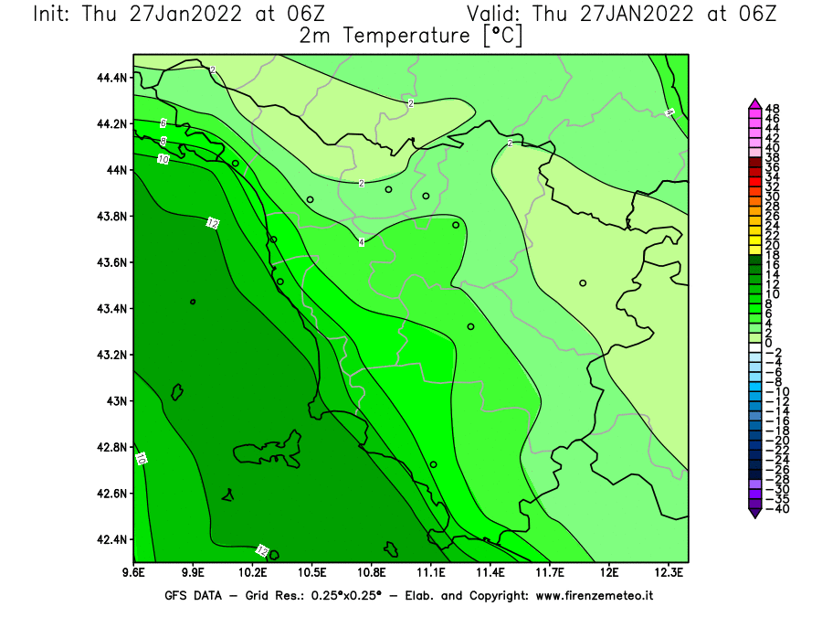 Mappa di analisi GFS - Temperatura a 2 metri dal suolo [°C] in Toscana
							del 27/01/2022 06 <!--googleoff: index-->UTC<!--googleon: index-->