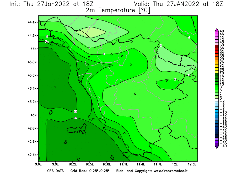 Mappa di analisi GFS - Temperatura a 2 metri dal suolo [°C] in Toscana
							del 27/01/2022 18 <!--googleoff: index-->UTC<!--googleon: index-->