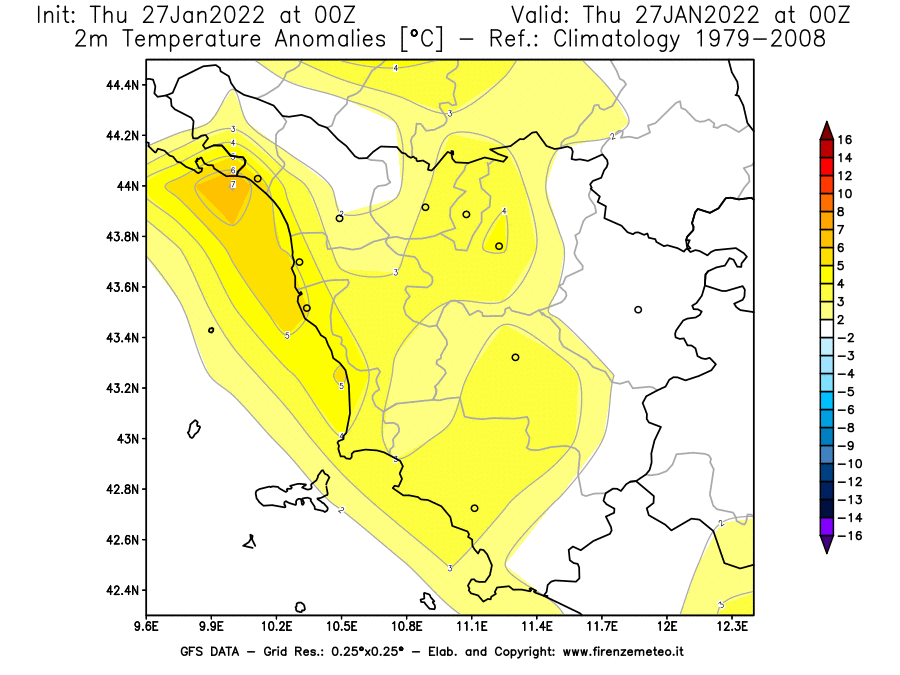 Mappa di analisi GFS - Anomalia Temperatura [°C] a 2 m in Toscana
							del 27/01/2022 00 <!--googleoff: index-->UTC<!--googleon: index-->