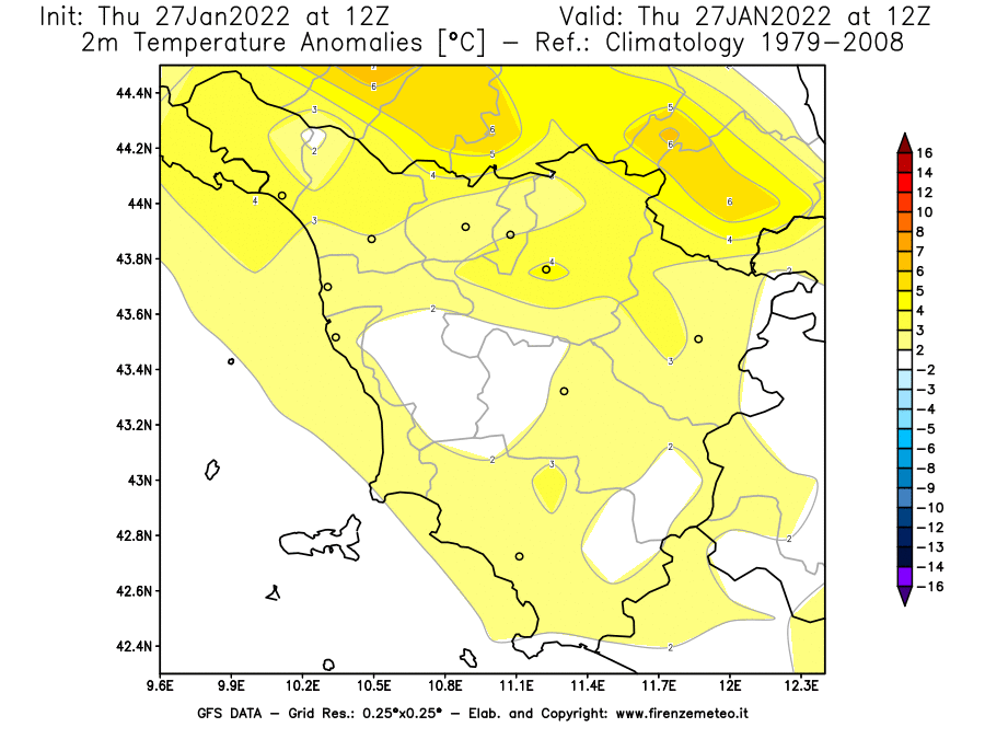 Mappa di analisi GFS - Anomalia Temperatura [°C] a 2 m in Toscana
							del 27/01/2022 12 <!--googleoff: index-->UTC<!--googleon: index-->